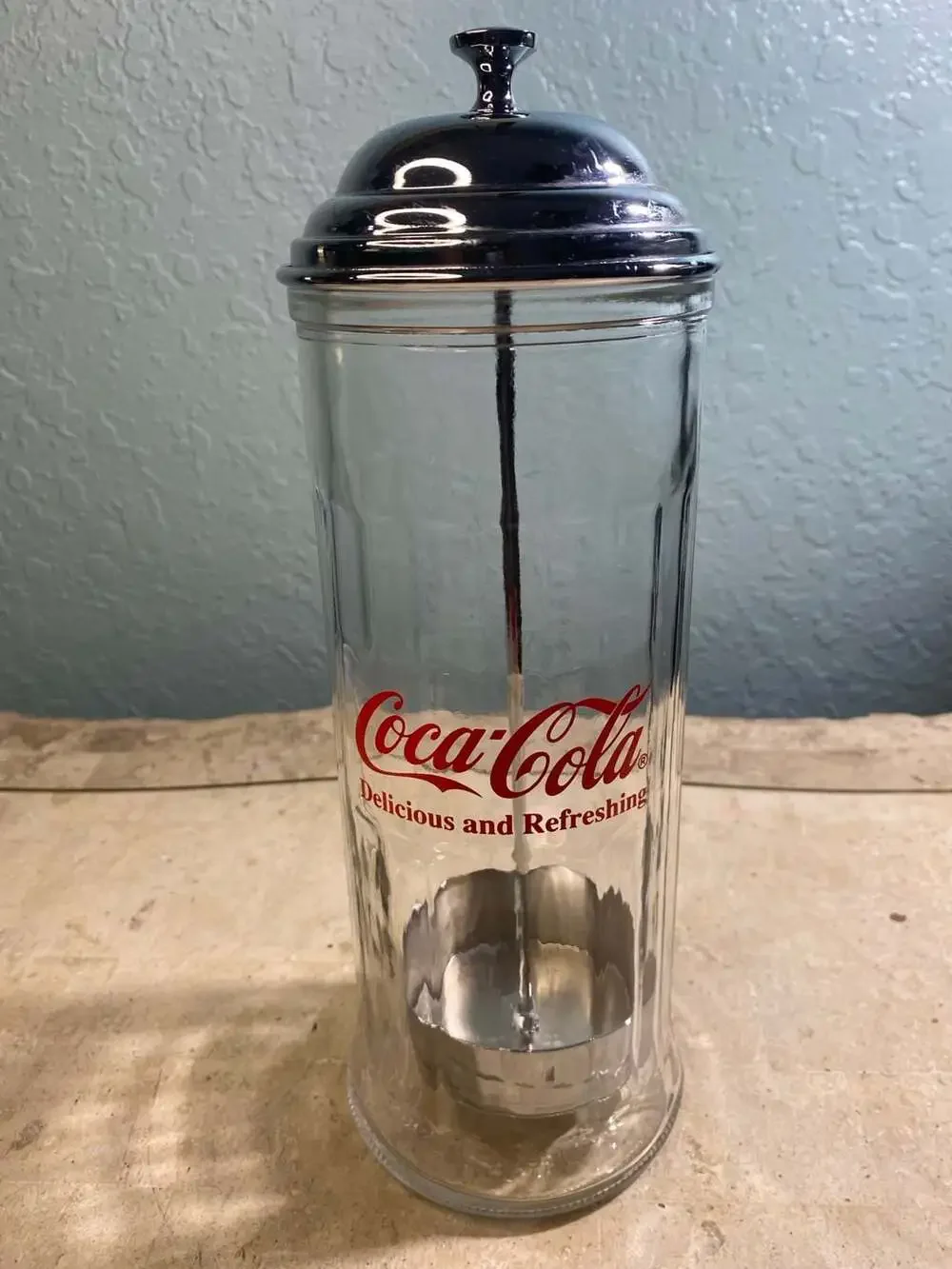 Vtg 1992 Coca-Cola Delicious and Refreshing Diner Style Glass Straw Dispenser